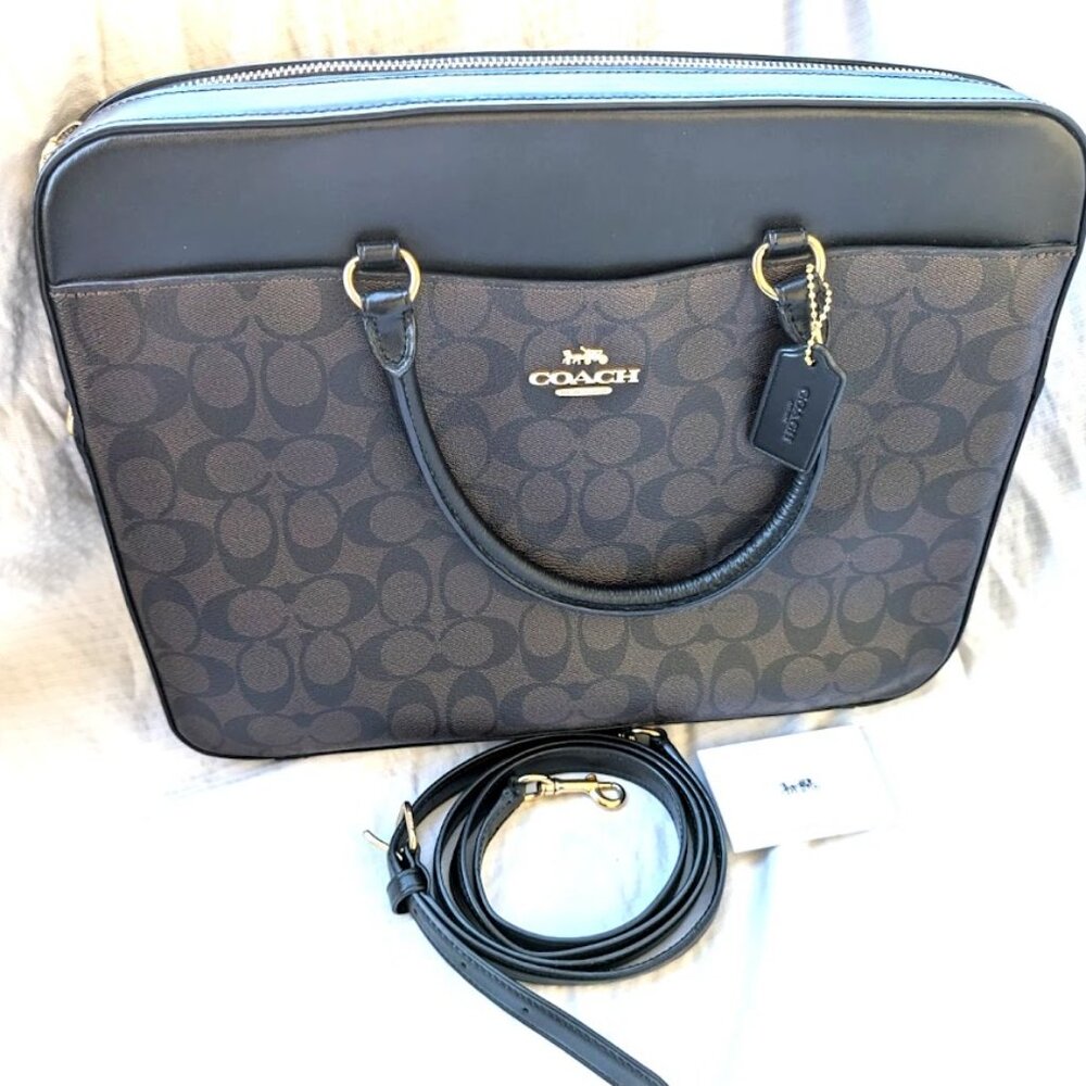 COACH Signature Brown, Black Laptop Case Leather Business Briefcase fo...